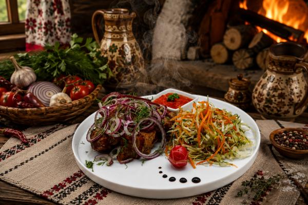 Spiedino di Maiale con Insalata di Cavolo Cappuccio e Cipolla di Tropea