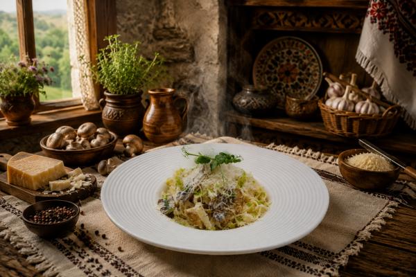 Tagliatelle în Sos Alb cu Ciuperci și Pui